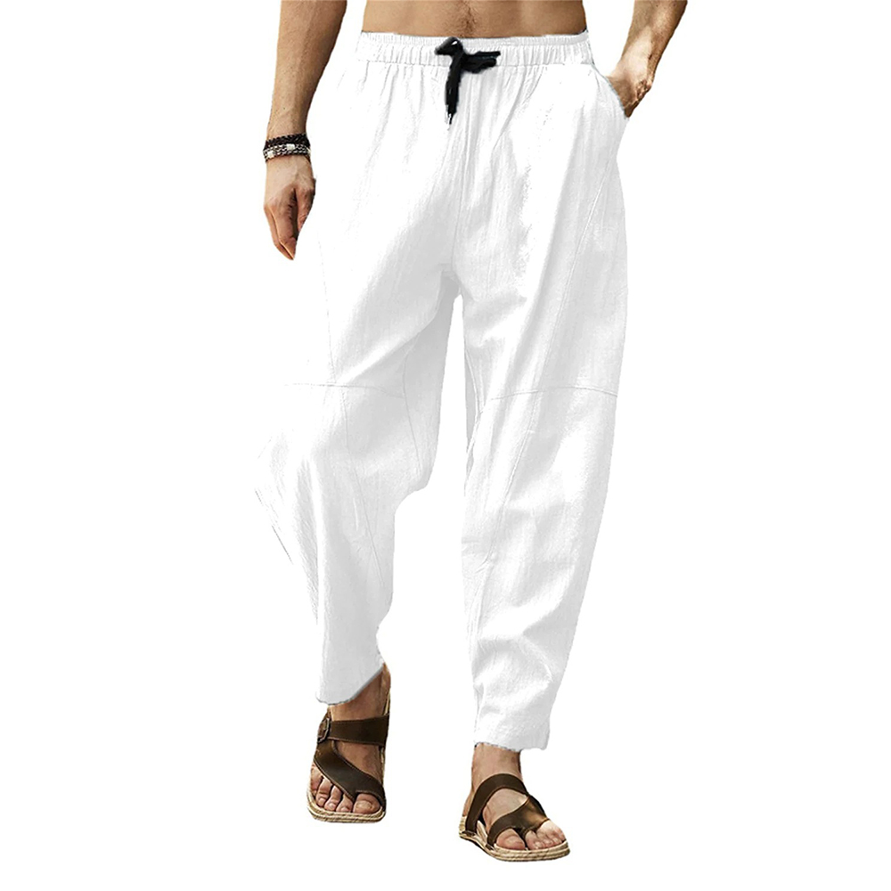 Pantalon ample en coton et lin avec cordon de serrage pour homme