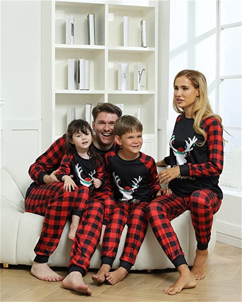 Lunebrille Ensemble pyjama parent-enfant Elk à carreaux noir et rouge