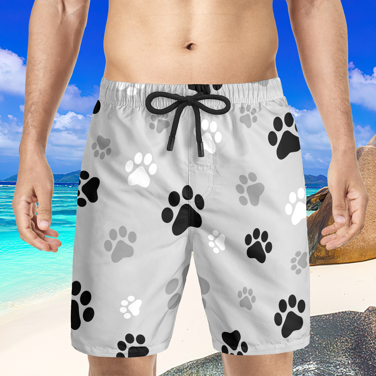 Short de plage hawaïen pour homme gris à imprimé patte de chien