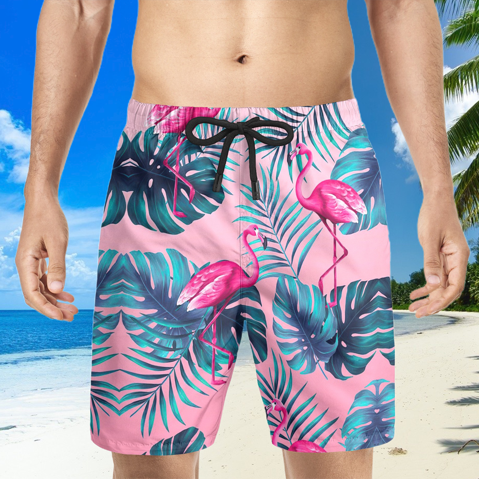 Boardshort pour homme rose à imprimé flamant rose hawaïen