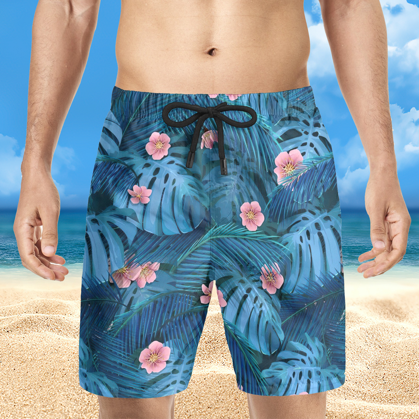 Short de plage hawaïen bleu foncé pour homme