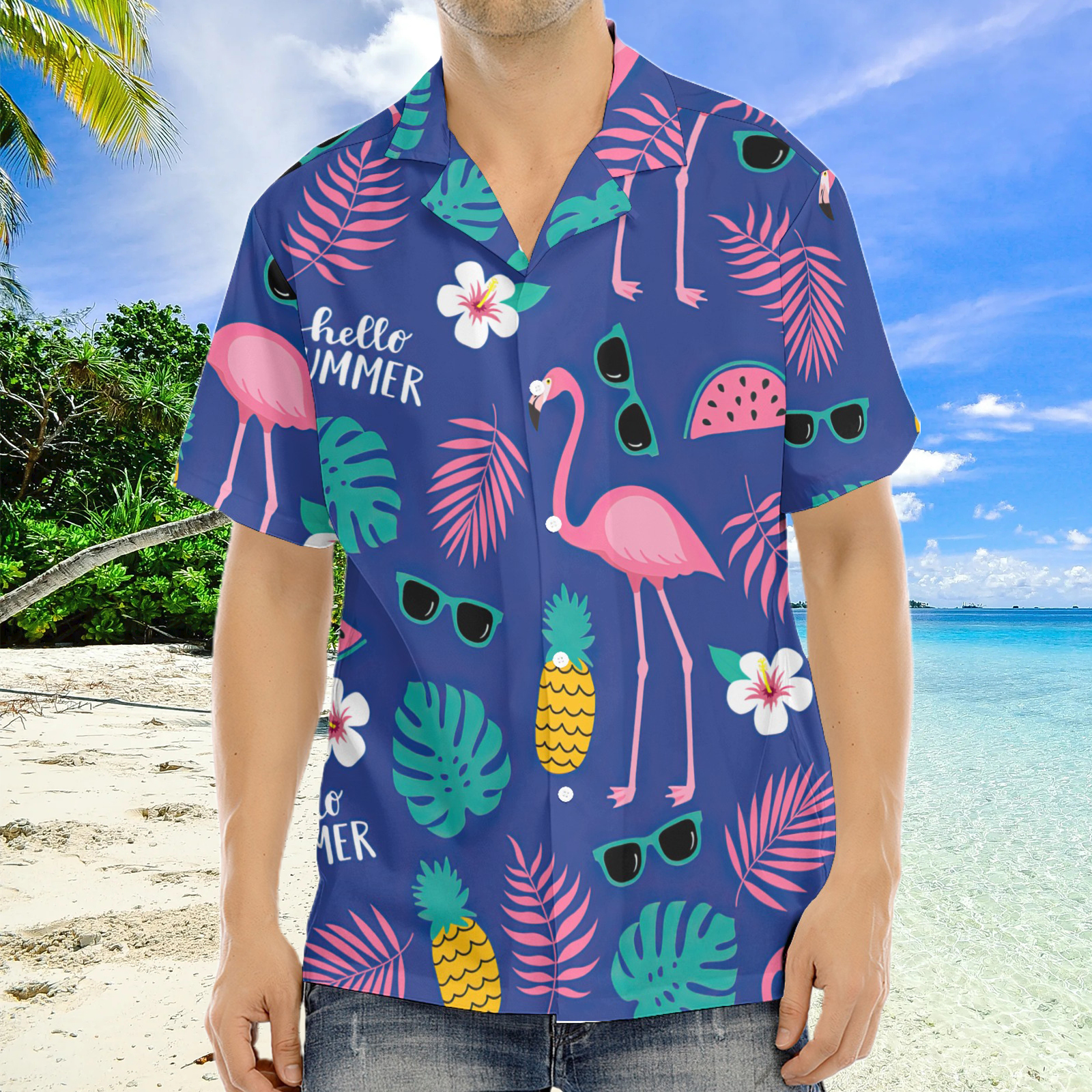 Chemise à manches courtes imprimée bleu foncé hawaïenne pour hommes