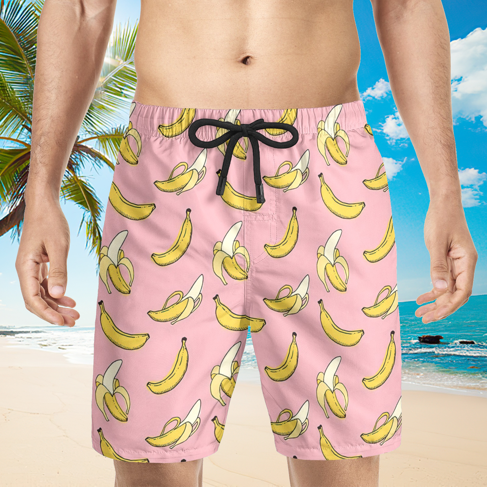 Short de plage rose à imprimé banane hawaïenne pour homme