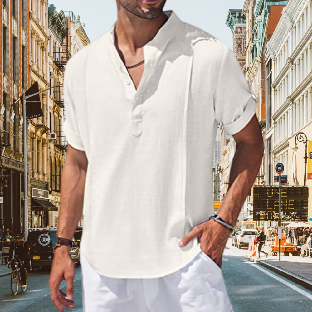 Lunebrille T-shirt à manches courtes pour homme en lin et coton Henley Casual Beach Hippie