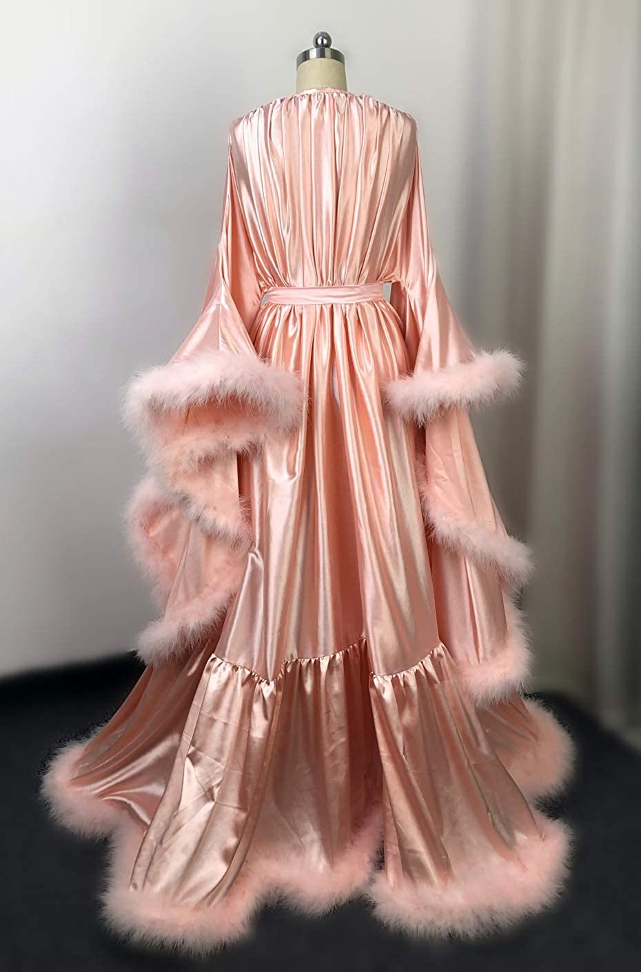 Feather Silk Satin Evening Robe Long V Neck Bathrobe Aline Formal Par