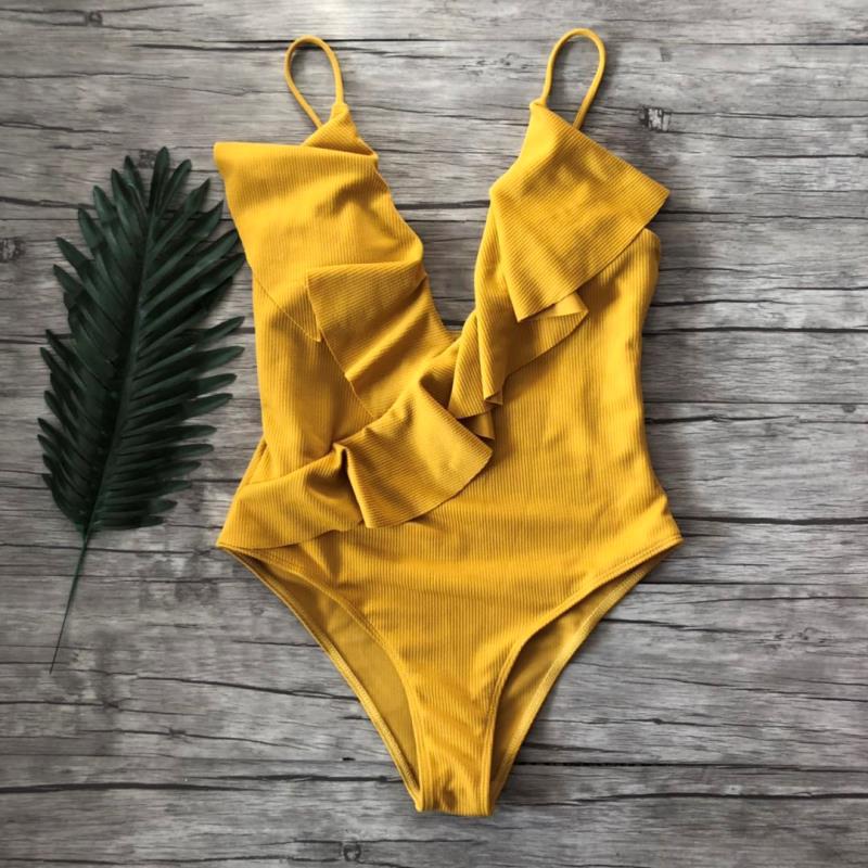 Sexy One-Piece Swimsuit Women Swimwear Push Up Monokini Ruffle Bathing Suit High Waist Beach Wear Yellow Swimsuit Fused Female
