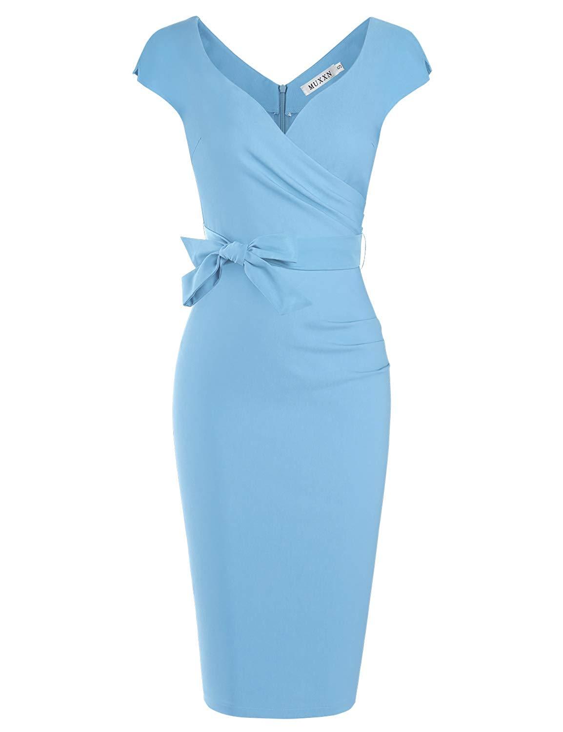 MUXXN Women's Vintage 1950s Style Wrap V Neck Tie Waist Formal Cocktail Dress 