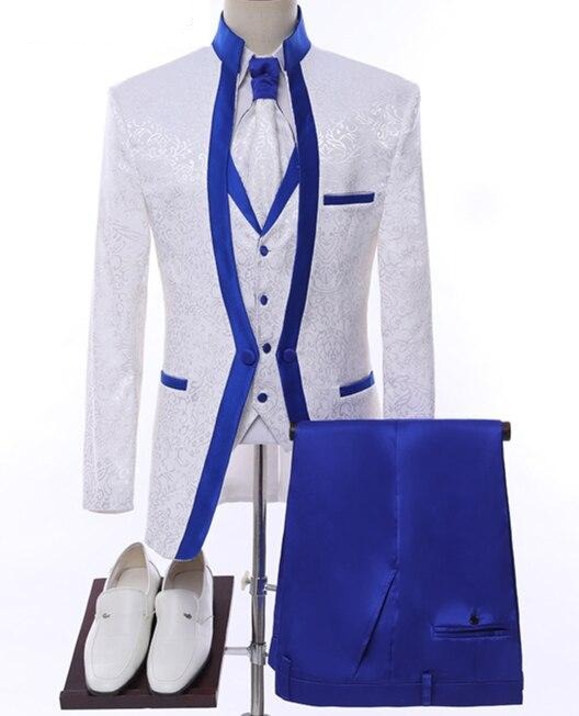 White Royal Blue Rim Stage Clothing For Men Suit Set Mens Wedding Suits Costume Groom Tuxedo Formal Jacket+Pants+Vest+Tie