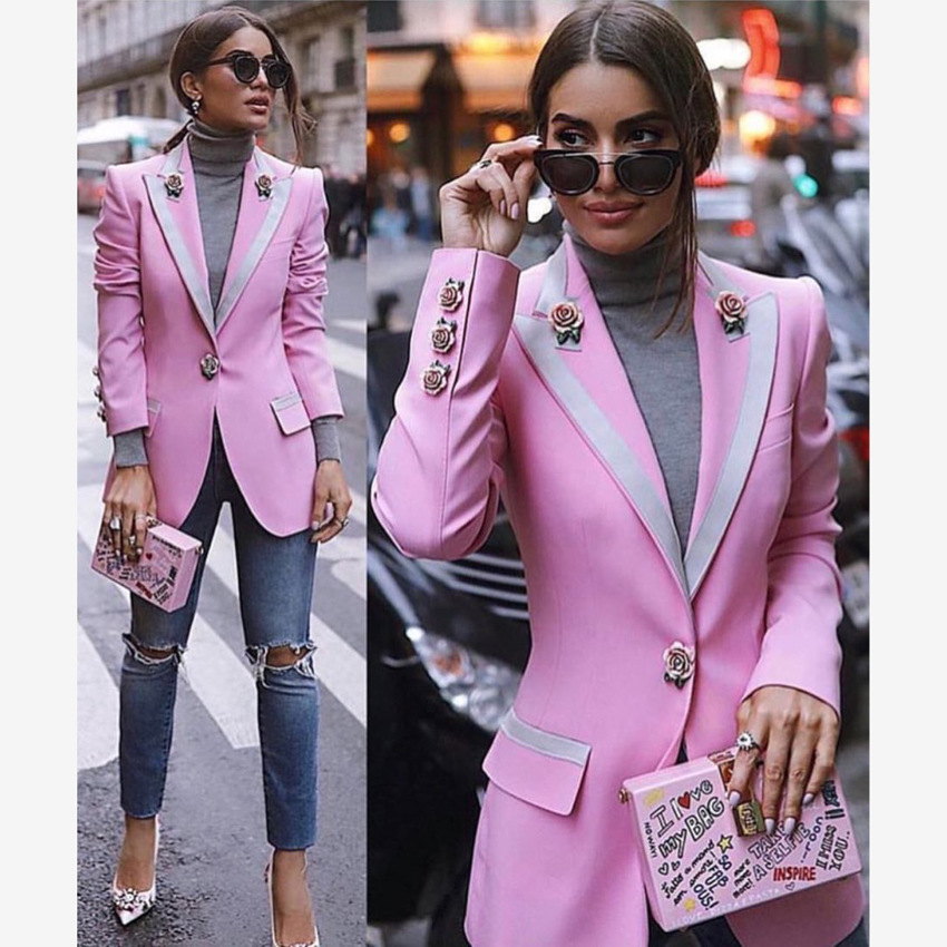Designer Blazer Women's Long Sleeve Floral Lining Rose Buttons Pink Blazer Outer Jacket