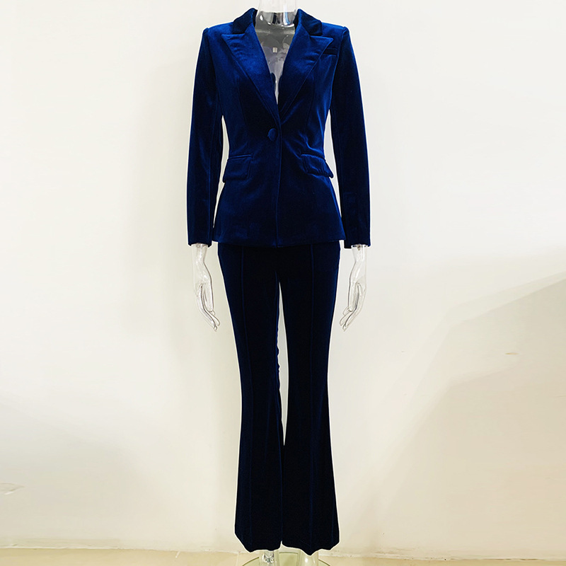 Fall Winter Designer Runway Suit Set Women's Single Button Lapel Velvet Blazer Jacket Flare Pants Suit