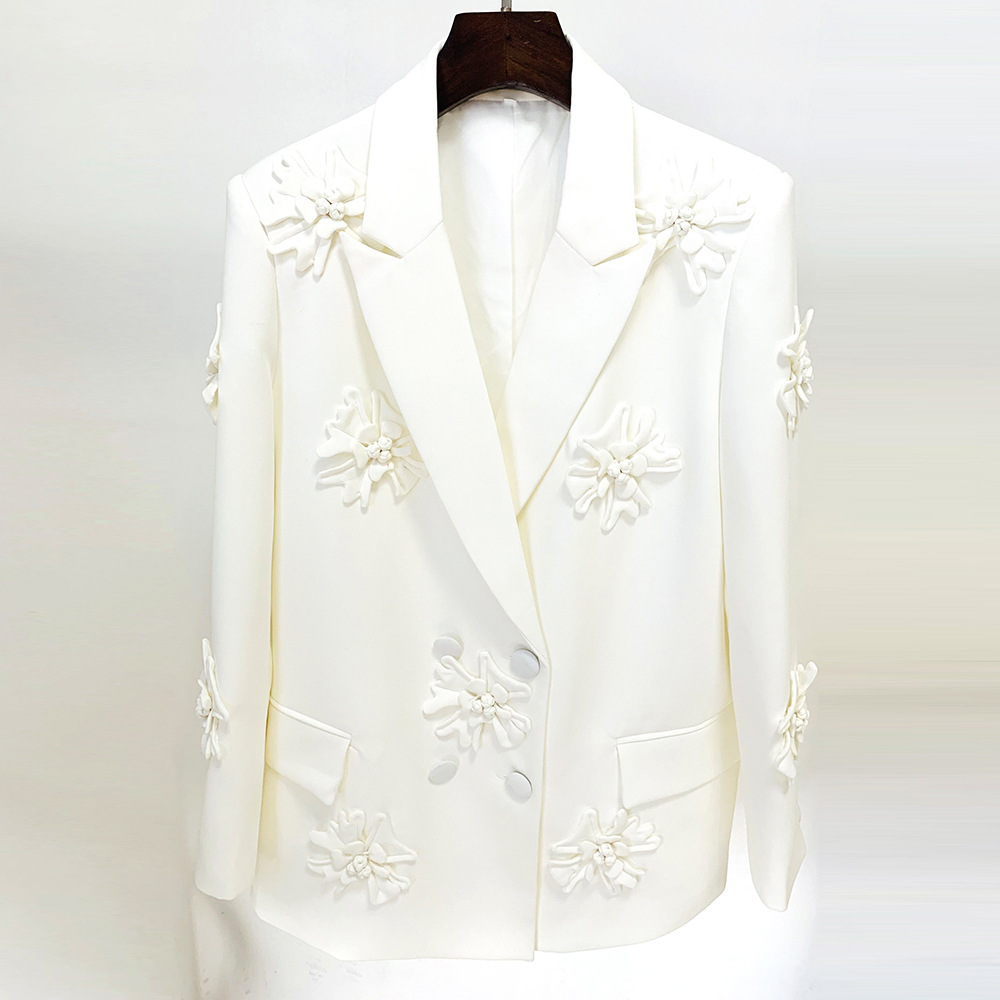 Fashion Designer Jacket Women's Stereoscopic Flowers Appliques Double Breasted Long Blazer