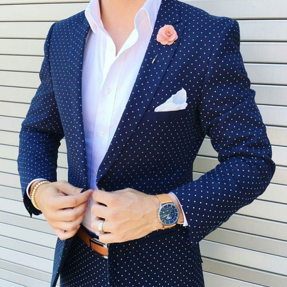 Dark Blue Dot Men's Suit Peaked Lapel Blazers Wedding Male Tuxedos On