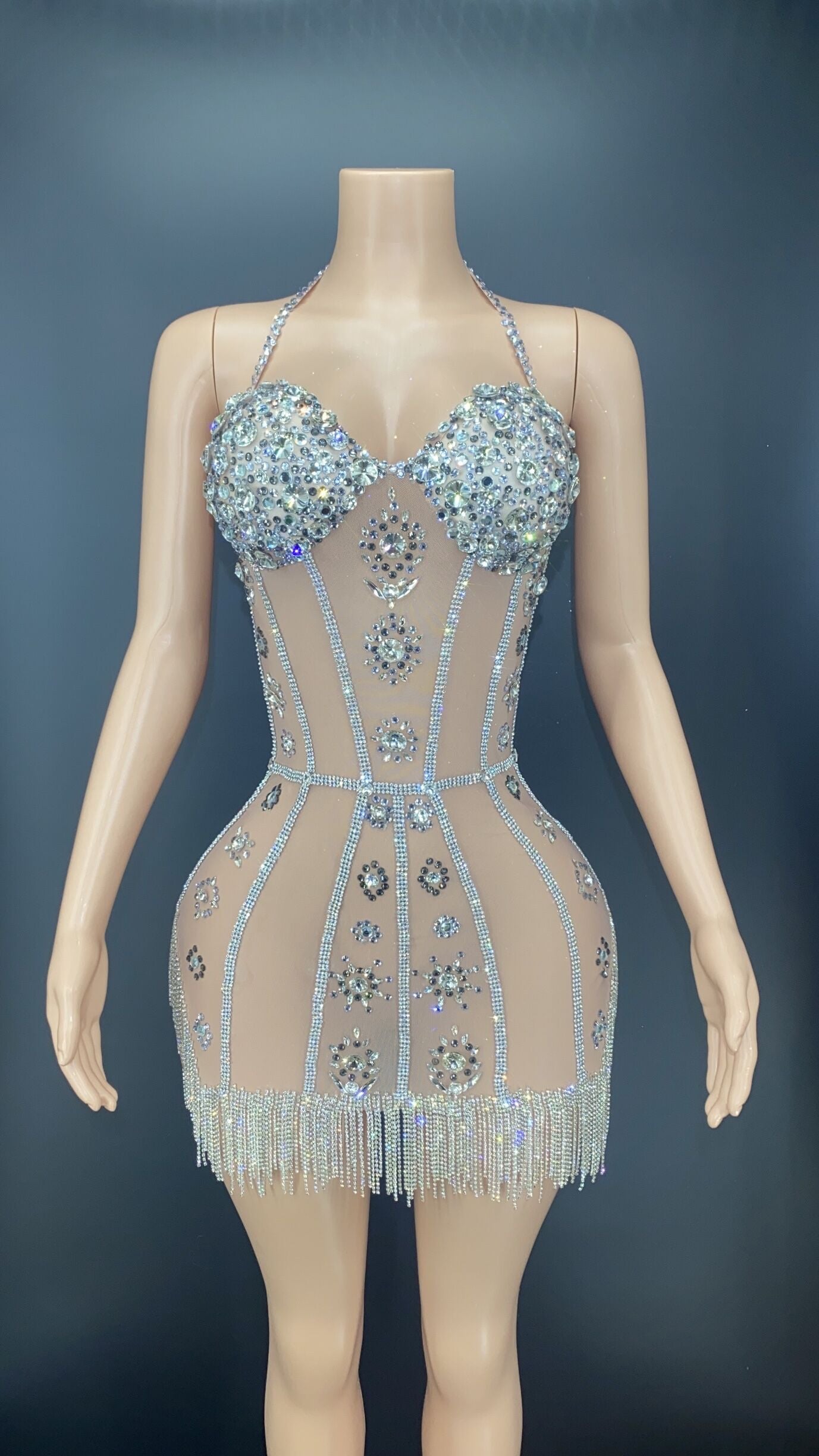 Rhinestone Crystals Fringes Transparent Short Dress Birthday Celebrate Costume