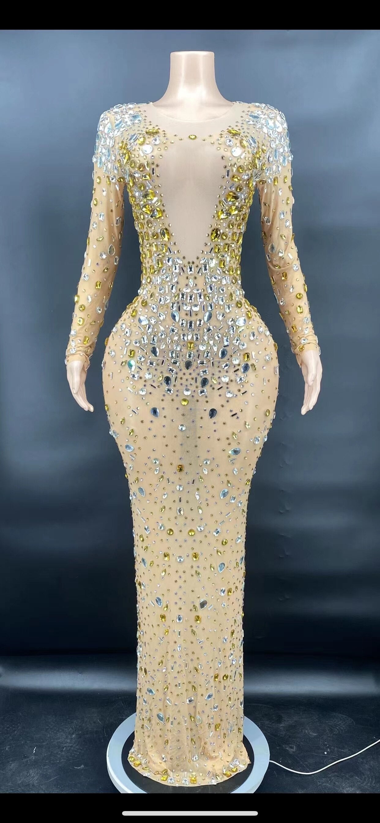 2022 Design Gold Big Crystals Transparent Dress Evening Birthday Celebrate Outfit Costume Dancer Flashing Dress