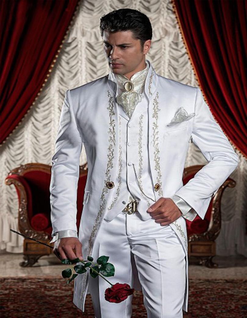 Custom Made White Embroidery Groom Tuxedos Stand Collar Groomsmen Blazer Man Wedding Suits（Jacket+Pants+Vest）
