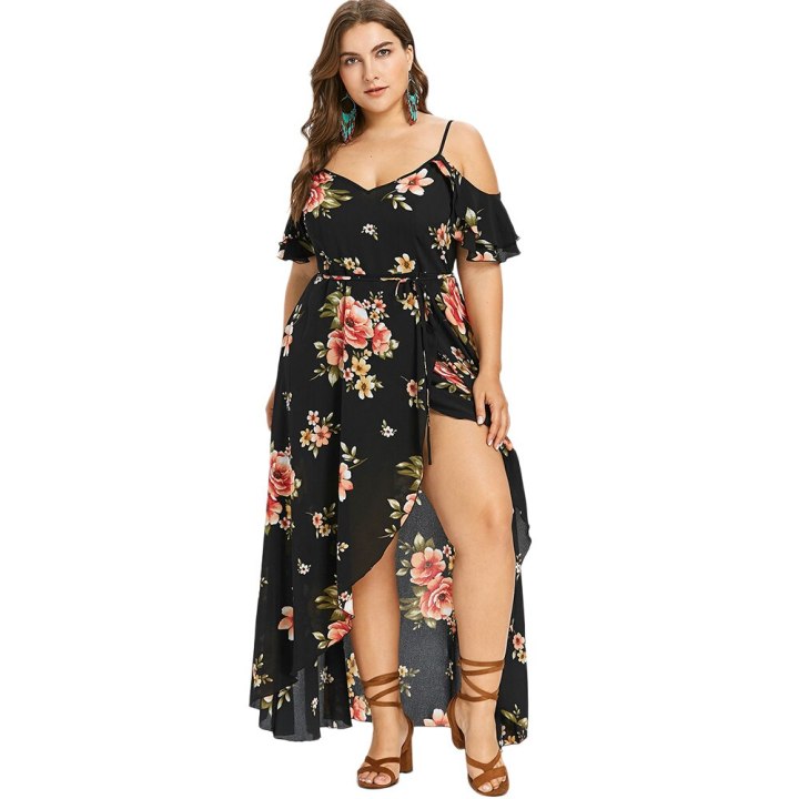 Women Summer Plus Size 5Xl Cold Shoulder Floral Overlap Dress Spaghett