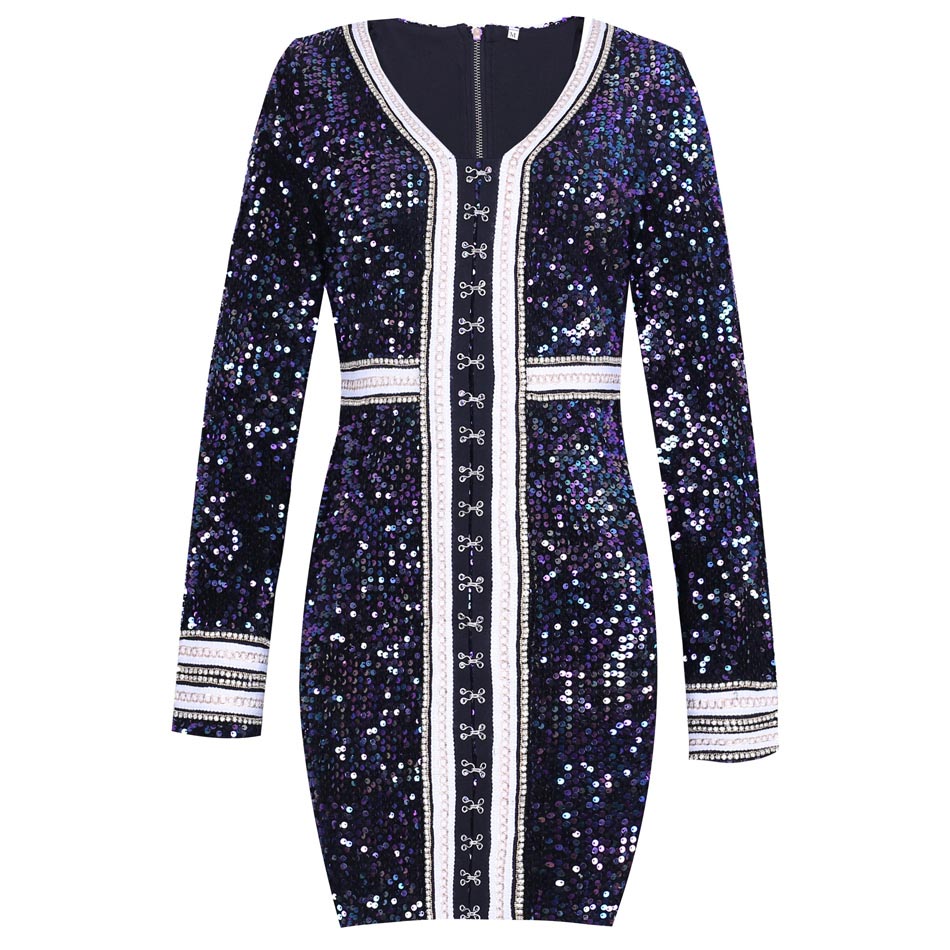 MultiColored Sequins Party Dress V Neck Long Sleeve Bodycon Mini Dress