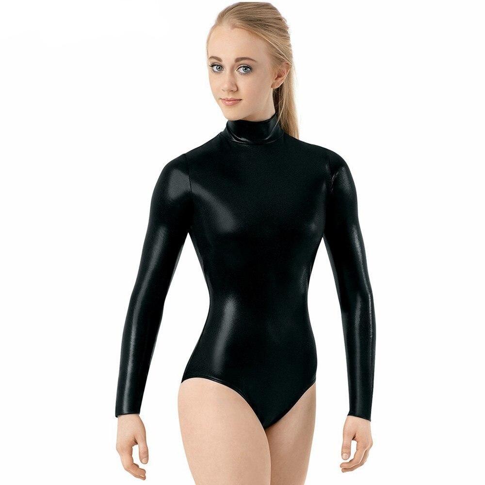 Adult Shiny Metallic Mock Neck Leotard Women Black Long Sleeve Gymnastics Performance Ballet Dance Leotards Teams Wear