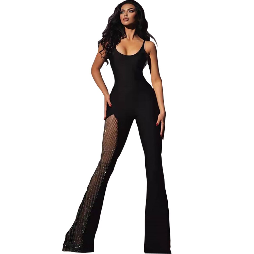 Sexy Black Net Drill Perspective Charm Sling Trumpet Jumpsuit Bandage Dress
