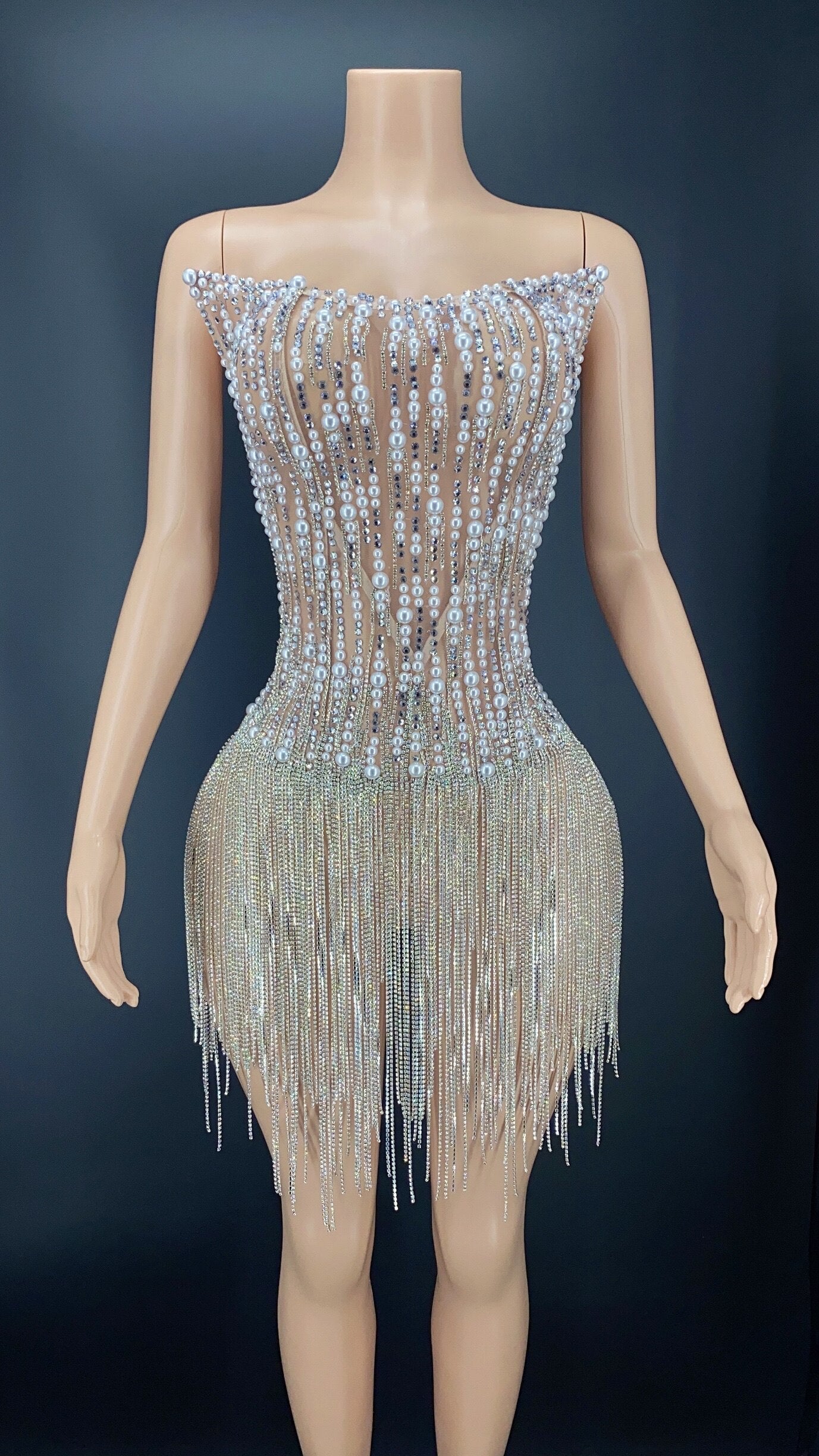 Sexy Silver Pearls Crystals Fringes Chain Transparent Corset Outfit E