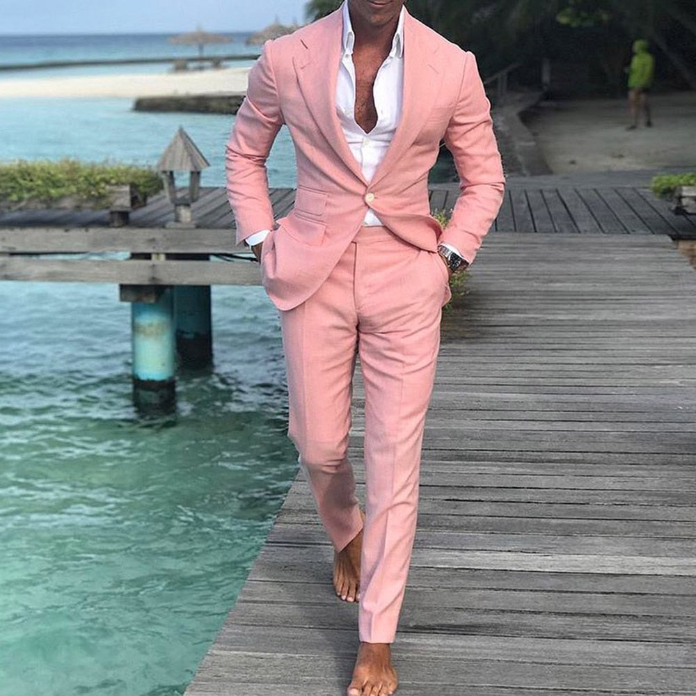 Male Suit Pink Men's Classic Suit Solid Blazer And Pants One Button OL Office Wear 2022 Autumn Sets Male Blazer 