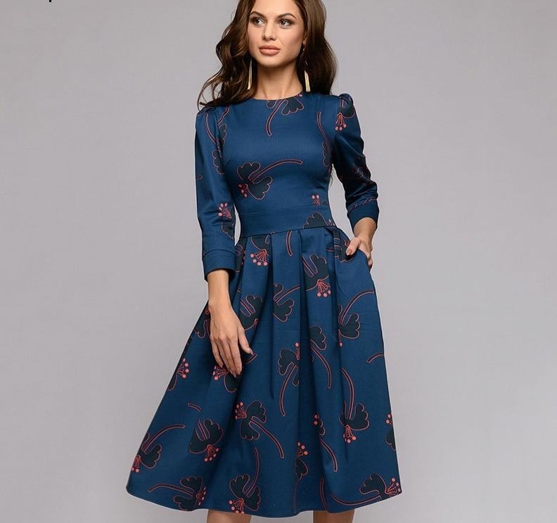 Navy Blue 3/4 Sleeves Printed Dress Women Spring Summer Vintage Pocket