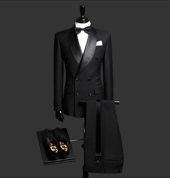 Custom Made Slim Fit Black 2 Piece Mens Blazer Double Breasted Suit Men Wedding Suits Groom Tuxedos For Men Jacket+Pants+Tie