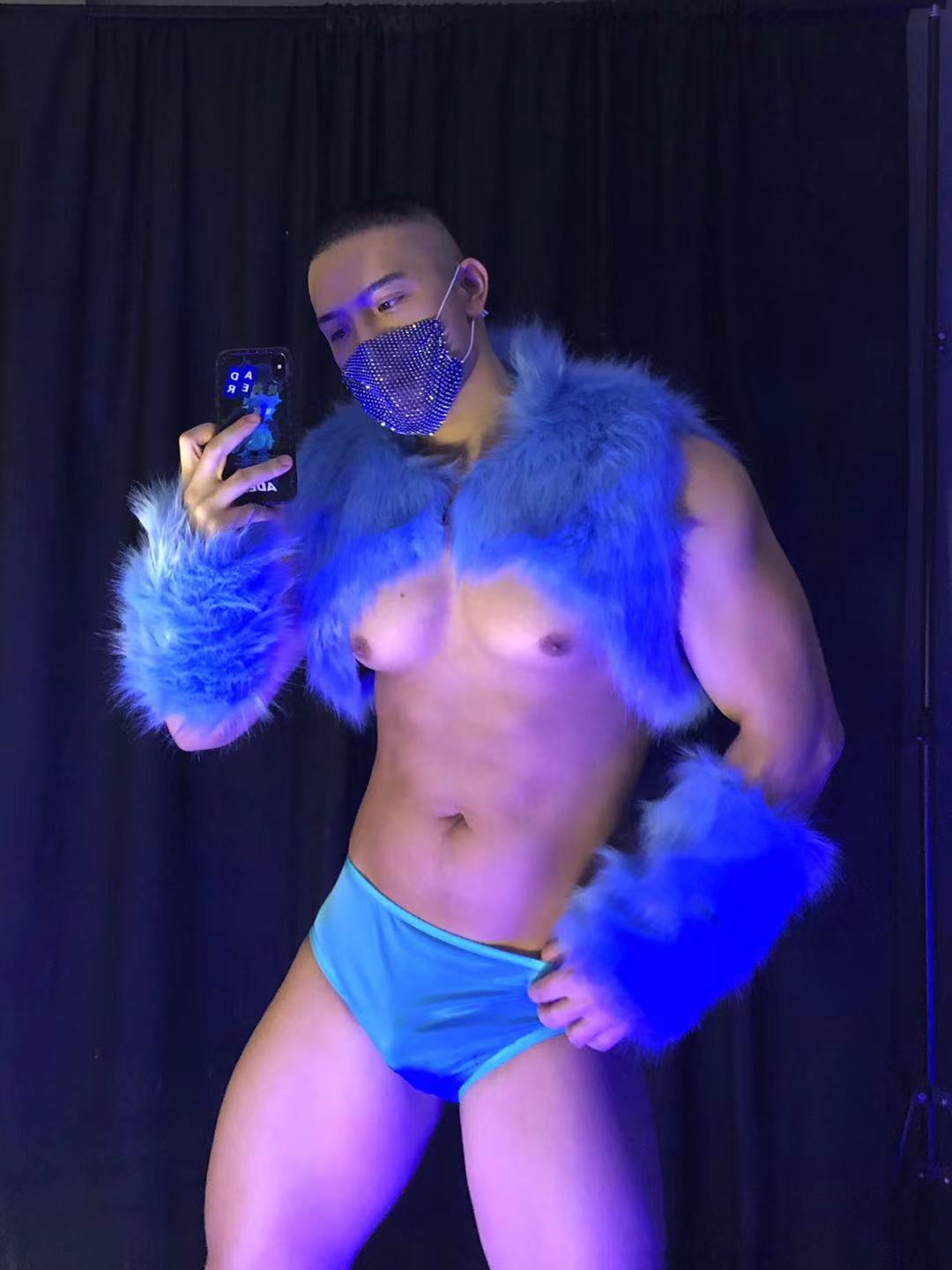 Nightclub Bar Singer Party Show Muscle Gogo Performance Clothes Men Fur Blue Stage Suit Costumes