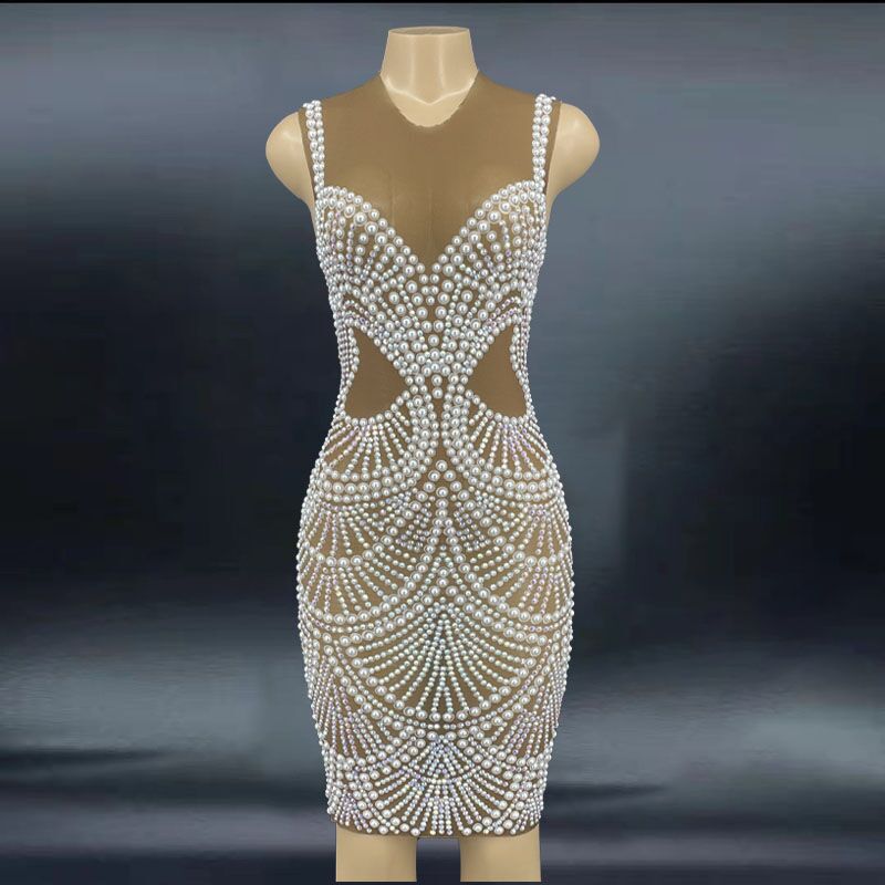 Pearls Rhinestones Sleeveless See Through Mesh Dress Prom Party Costume Evening Dance Birthday Celebrate Stretch Outfit