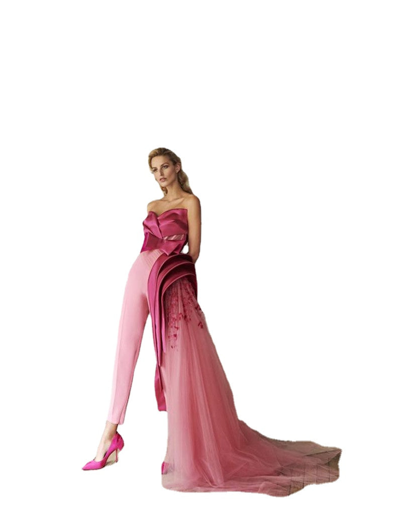 Pink Prom Jumpsuit With Sweetheat Satin Appliques Lace Evening Dresse