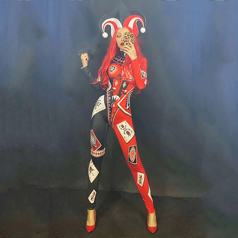 Playing Cards Printed Jumpsuit Magic Clown Suit Stage Performance Cosplay Costume Unisex Nightclub Rave Outfit DT2388