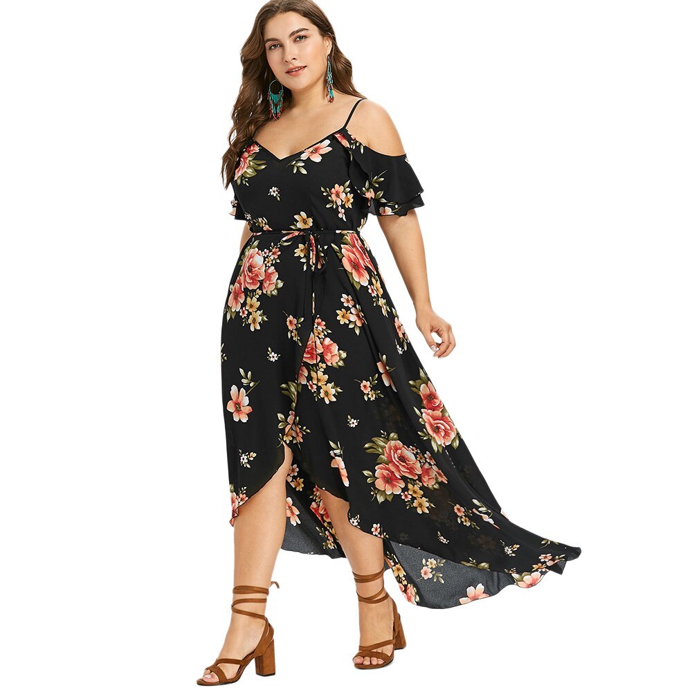 Women Summer Plus Size 5Xl Cold Shoulder Floral Overlap Dress Spaghett