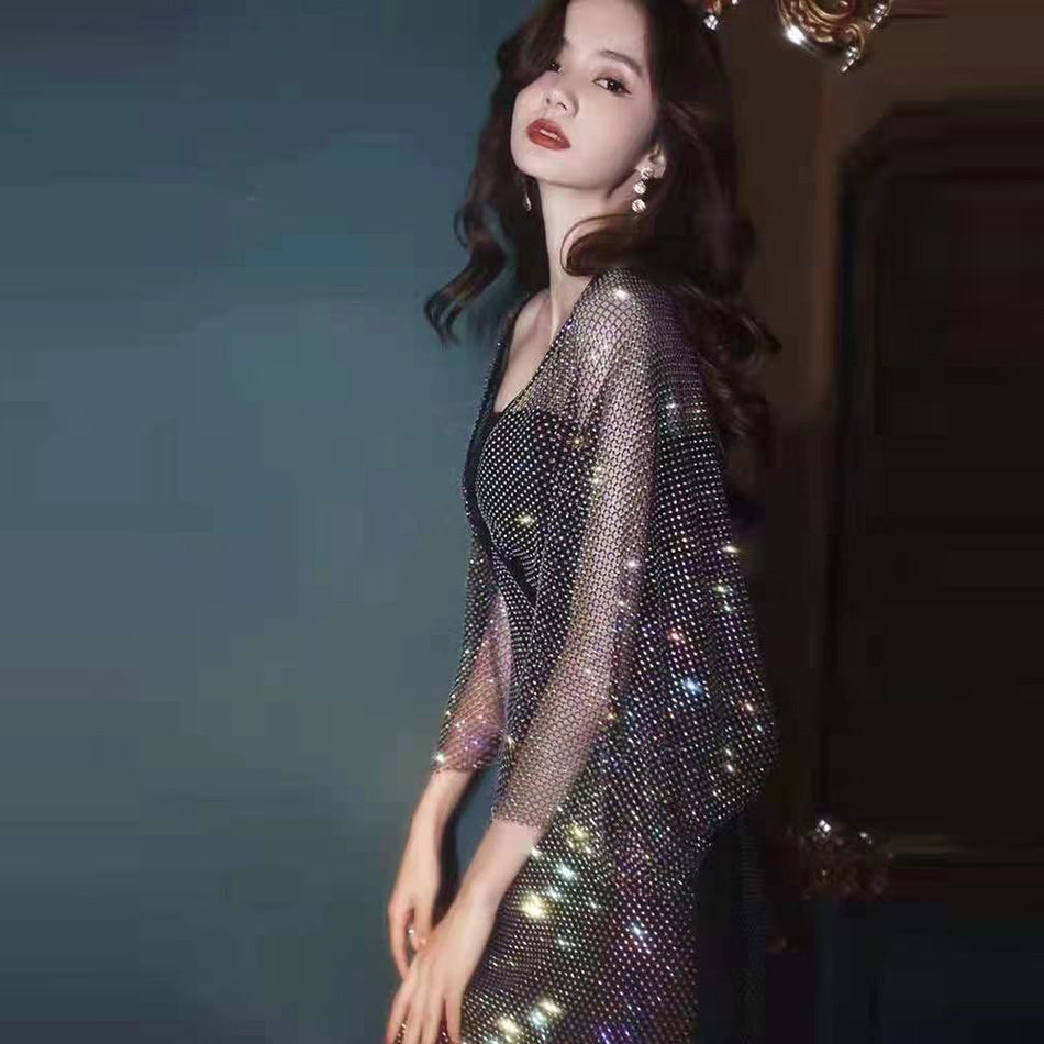 Magic Diamond Mesh Diamond V-neck Korean Tube Top Waist Slim Hip Dress