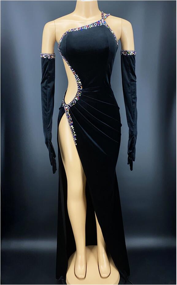 Multi-color Rhinestone Black Velvet Hollow Long Dress Gloves Women Dancer Bar Prom Costume