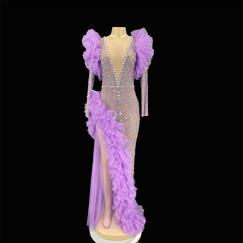 Long Sleeve Silver Rhinestone Transparent Purple Dress Women Dancer Bar Stage Outfit Birthday Celebrate Prom Dress YOUDU