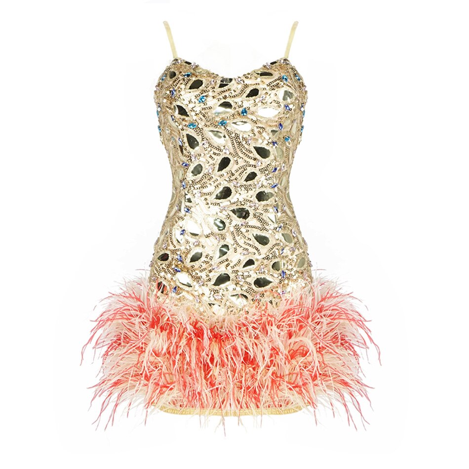 Sexy Strapless Feather Dress High Quality Jewelry Beaded Sequined Banquet Mini Club Christmas Party Dress