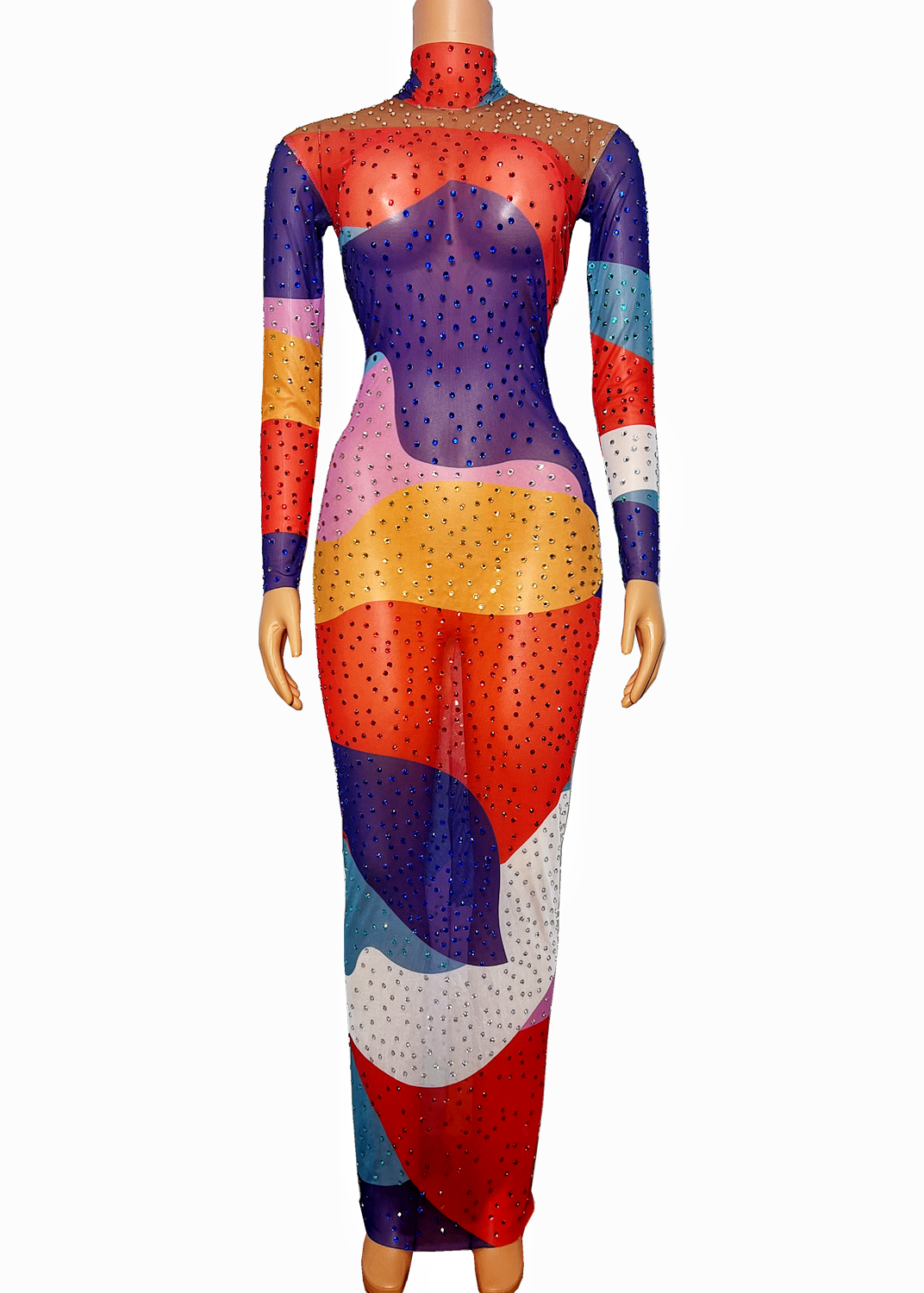 Multi-color Splice Colorful Rhinestones Stretch Long Sleeves Dress Transparent Costume Birthday Prom Celebrate Evening Outfit