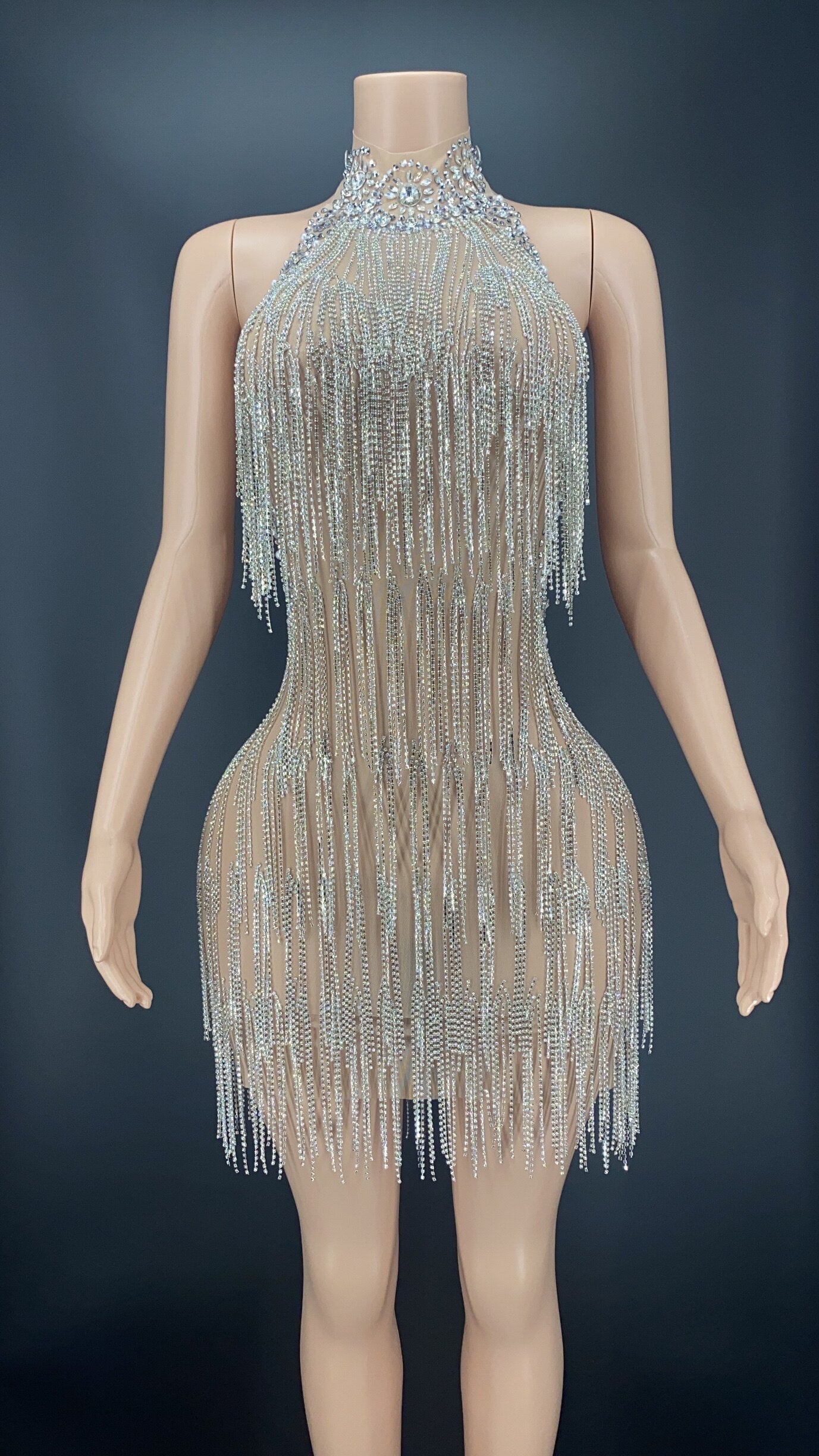 Sexy Silver Rhinestones Crystals Fringes Backless Dress Evening Birthday Wedding See Through Performance Evening Stretch Costume