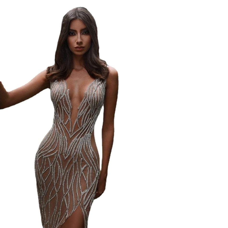 Silver Evening Dresses Deep V Neck Beads High Side Split Sleeveless M