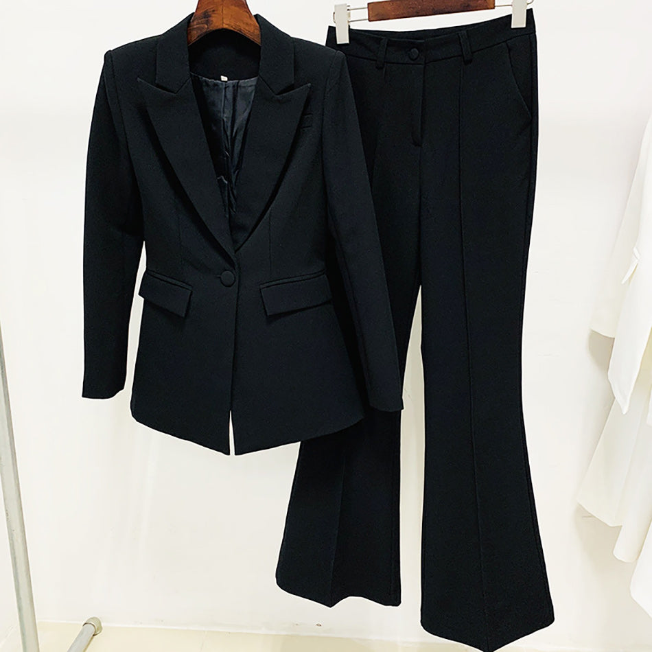 Blazer Pants Suit Two Piece Set Office Ladies Women Solid Color Business Single Button Flared Pants Blazer Pants Formal Suits