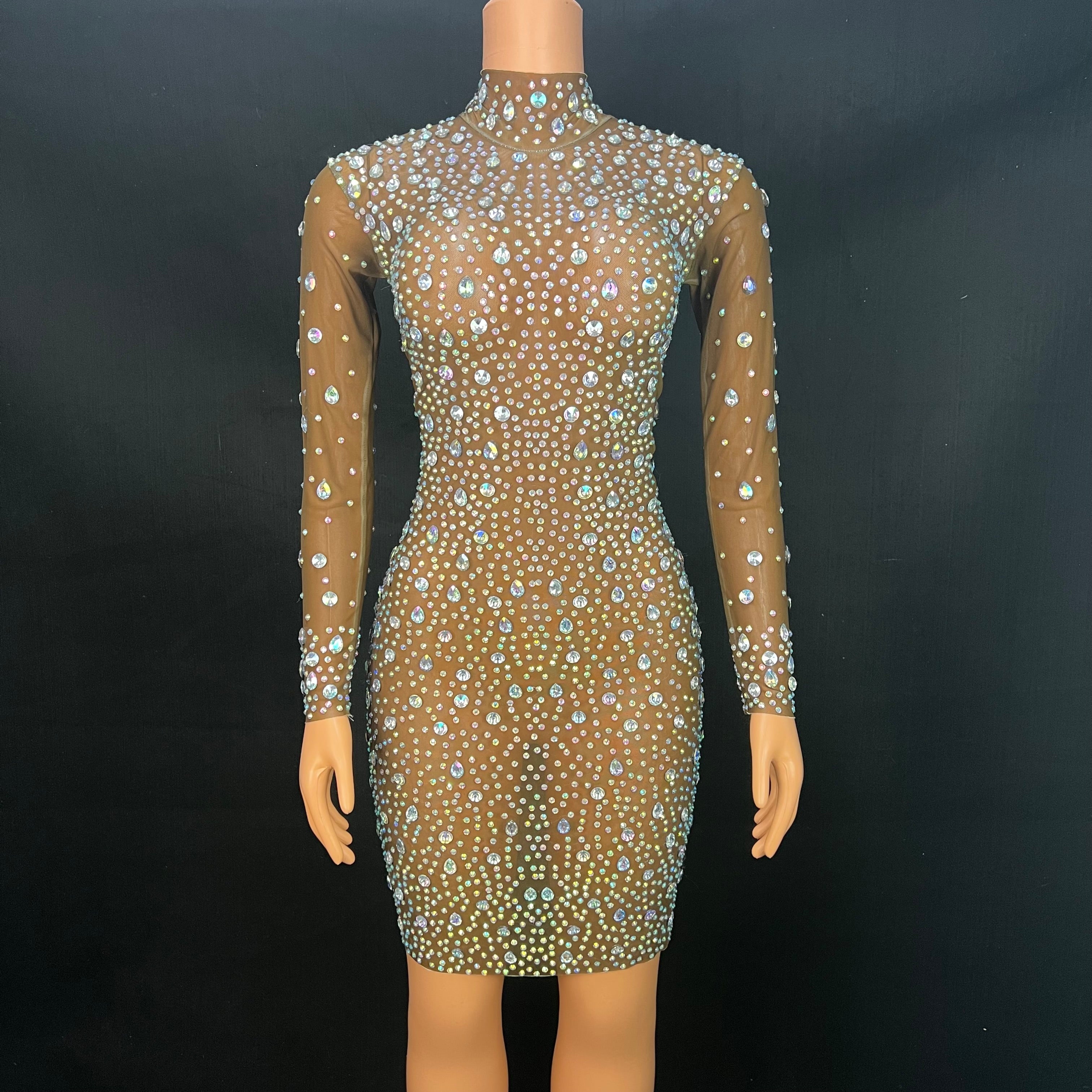 Shining Full AB Stones Brown Mesh Dress Evening Celebrate Show See Through Clothes Birthday Celebrate Performance Costume