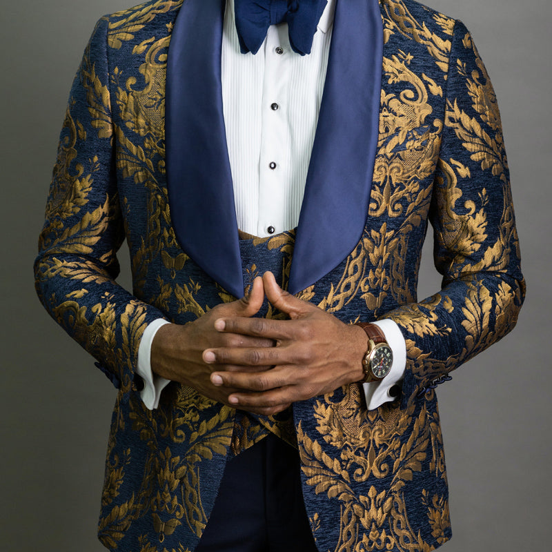 Navy Blue Floral Jacquard Prom Men Suits for Wedding 3 Piece Slim Fit Groom Tuxedo African Male Costume Jacket Pants