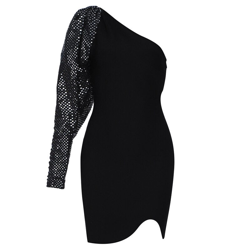 Black One Shoulder Long Sleeve Sequins Evening Celebrity Cocktail Party Bandage Dress