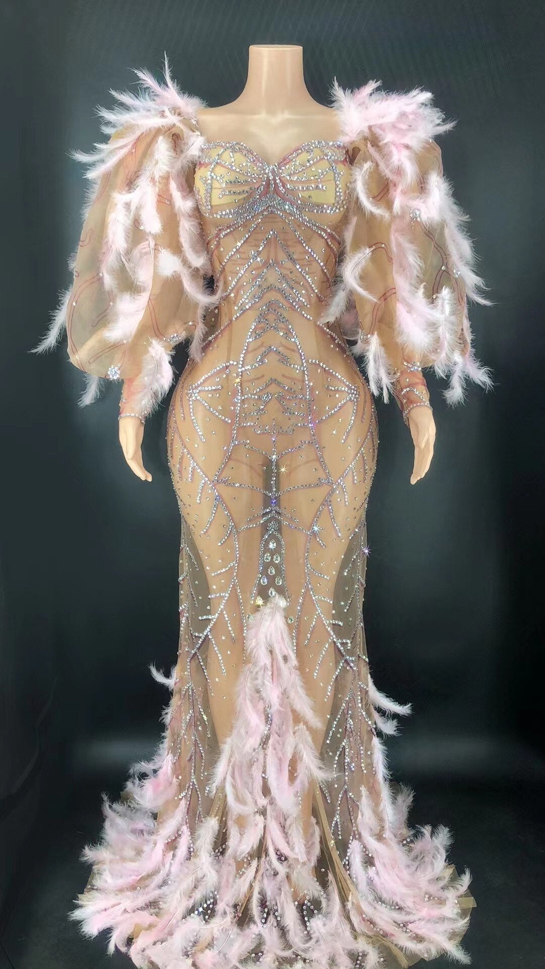 Pink Solouparkling Diamonds Feathers Mermaid Dress Sexy  Long Dress Embrider Celebrate