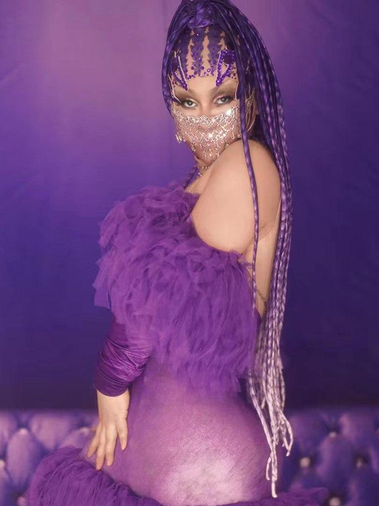 Purple Color Shinning Rhinestones Bodycon Mini Dress Ruffles Performance Costume Bar Dancer Stage Wear