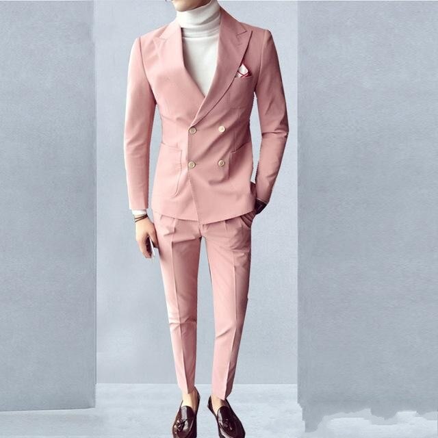 Pink Men Suits Double Breasted 2 Pieces Jacket+Pants Peaked Collar Slim Fit Suits For Wedding Dinner Party Tuxedos