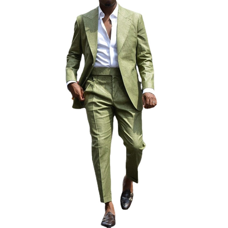 Army Green Linen Men Suits African Blazer Sets Peaked Lapel Single Br