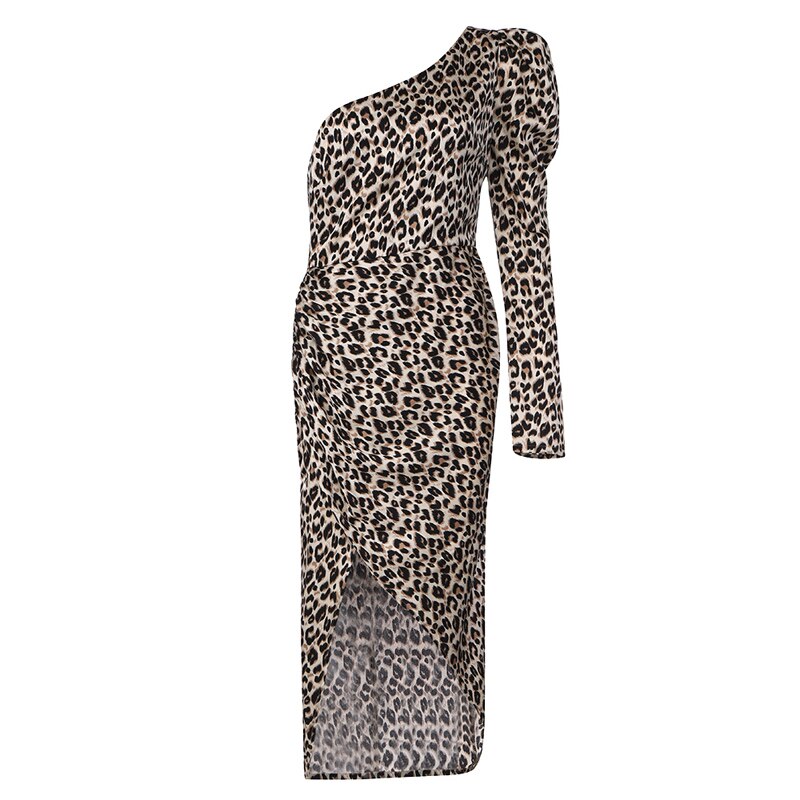 Leopard One Shoulder Long Sleeve Strapless Mini Evening Celebrity Cocktail Party Dress
