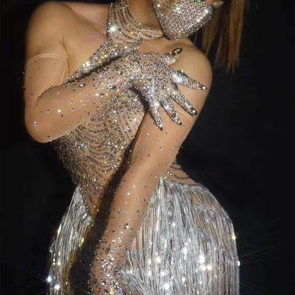 Nightclub Sparkly Rhinestone Fringe Transparent Tassel Dress for Women Dancer Celebrate Outfit Bar Birthday Costumes