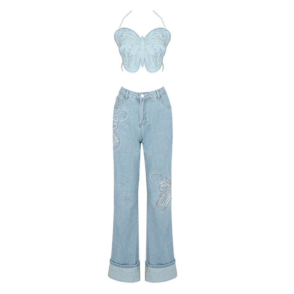 Blue Jeans And Butterflies Hanging Neck, Chinese-style Chest Covering, Wide Legs And Mopping Trousers Casual Suit